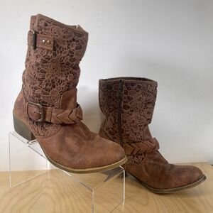 Tigerbear Republik Brown Lace Accent Moto Biker Ankle Boots‎ Women's Size 9.5